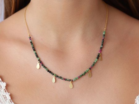 Ruby Zoisite Necklace with Gold Charms For Sale