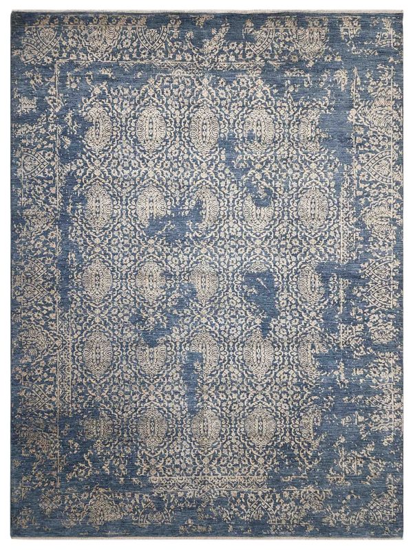 Artisan Bloom  Blue Beige Transitional Knotted Rug Hot on Sale