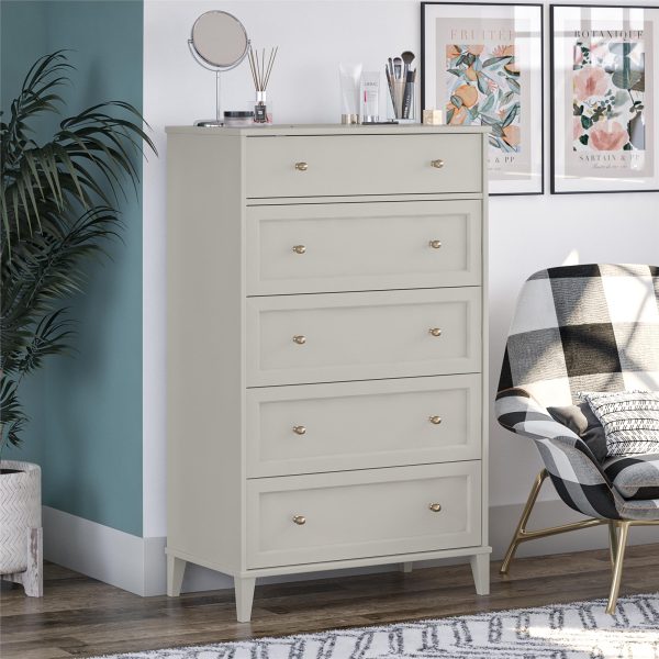 Monticello Tall 5 Drawer Dresser with Gold Accents For Discount