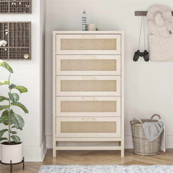 Lennon 5 Drawer Dresser with Faux Rattan and Gold Metal Handles Sale