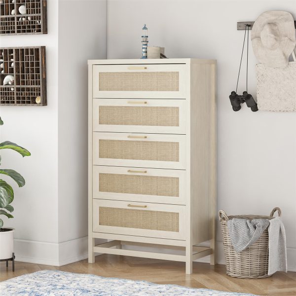 Lennon 5 Drawer Dresser with Faux Rattan and Gold Metal Handles Sale