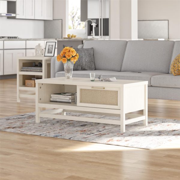 Lennon Coffee Table with Faux Rattan and Sliding Door For Cheap