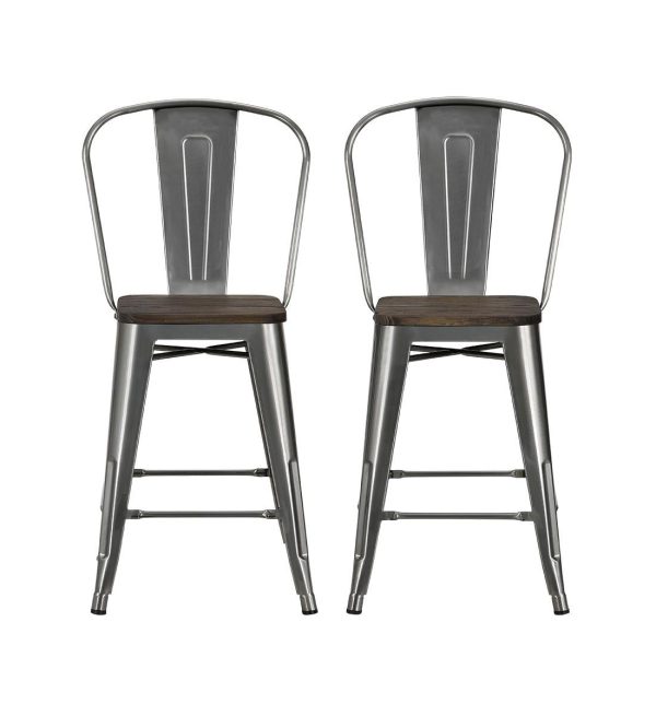 Luxor 24 Inch Metal Counter Height Bar Stool with Wood Seat, Set of 2 on Sale